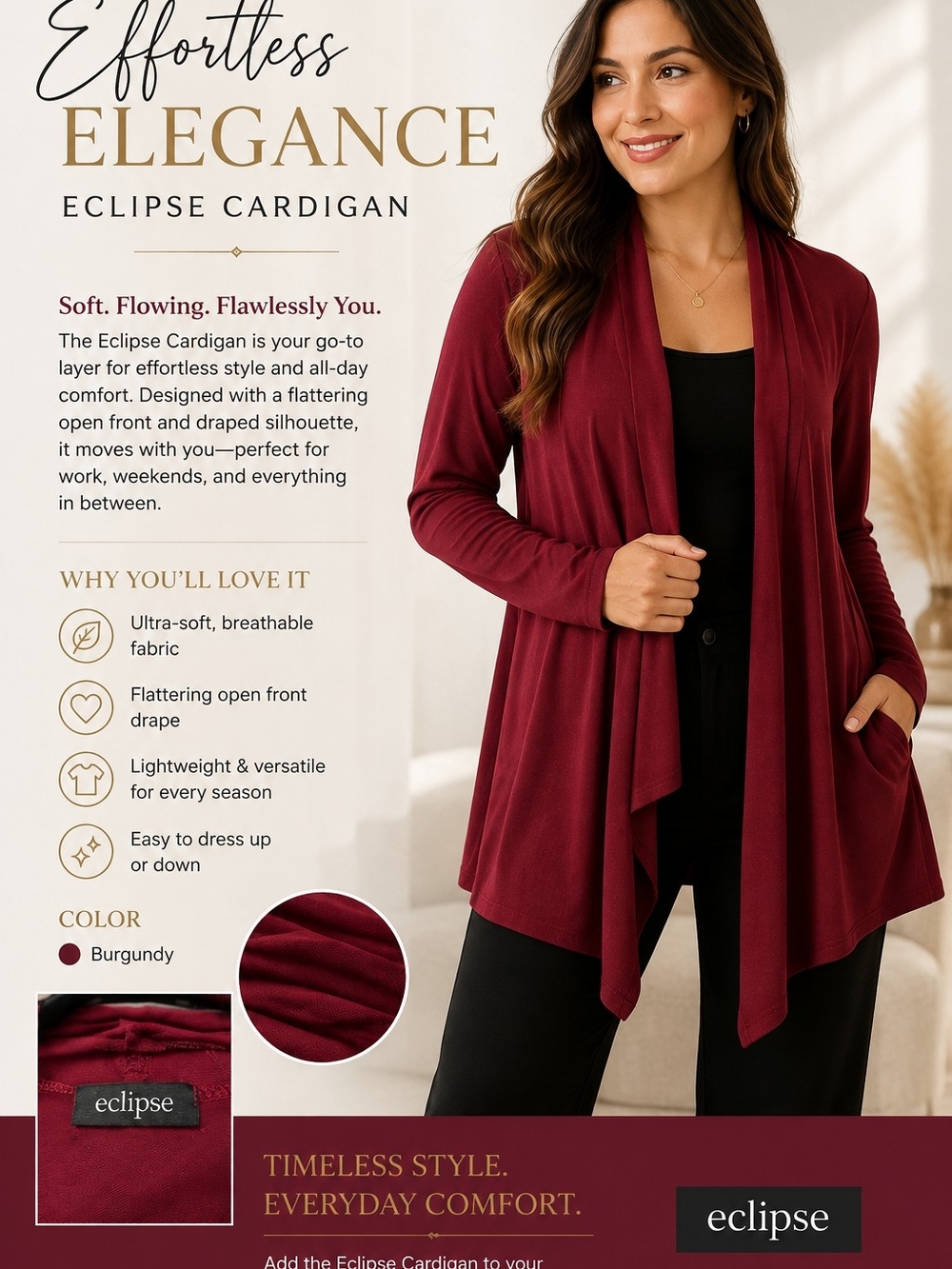 Eclipse Burgundy Open-Front Draped Cardigan